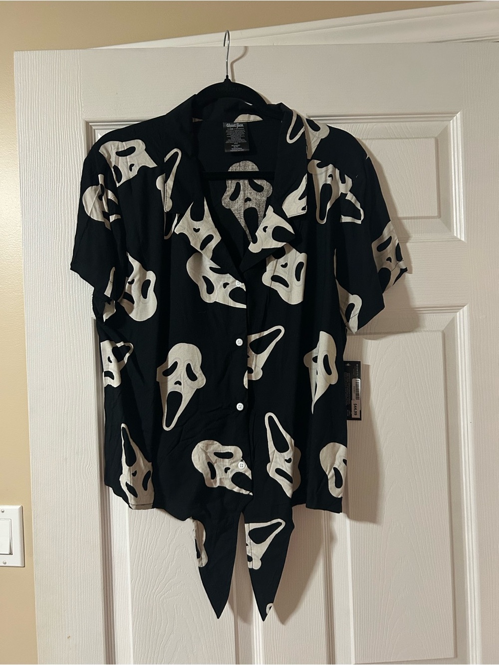 Vintage-Inspired Black & White Horror Print Tie-Front Shirt